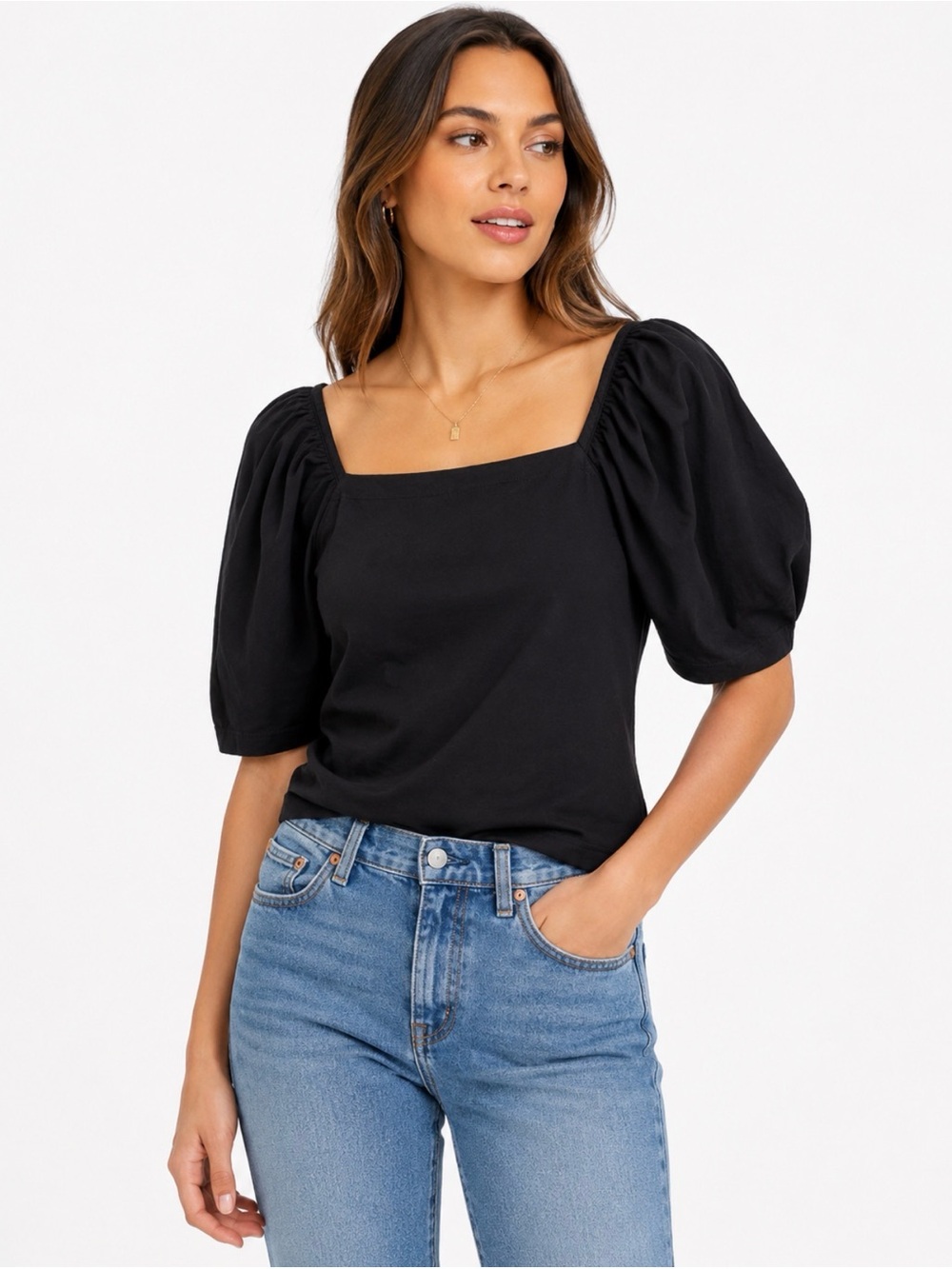 bobi Black Square-Neck Puff Sleeve Top